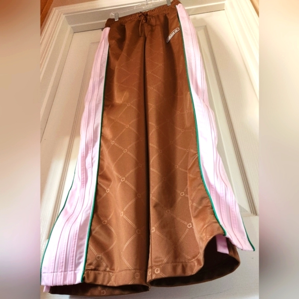 ADIDAS Wide Leg Carmel Brown Pink 3 Stripe Baggy High Rise Bell Hem Sport Pant M - Picture 6 of 16